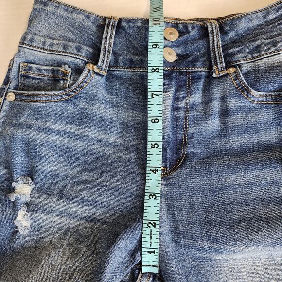 No Boundaries Junior Distressed Flare Leg Raw Hem Double Button Jeans SZ 3 Blue - Picture 9 of 11